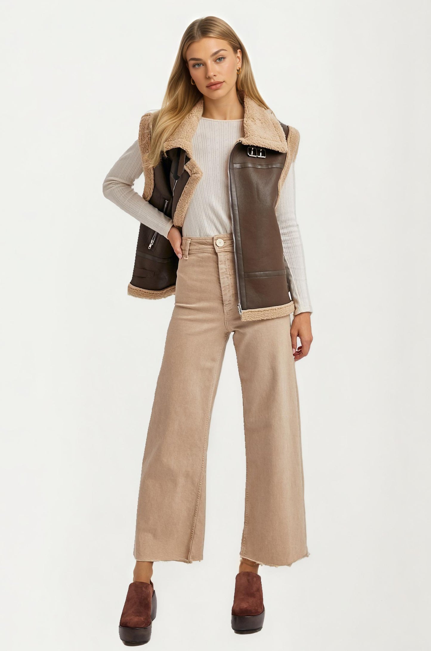 Faux Leather Shearling Vest with Zipper Front