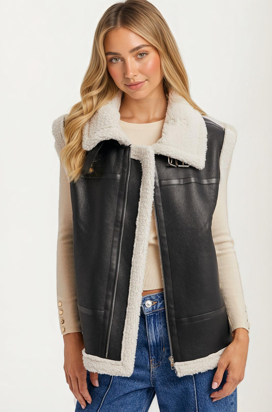 Faux Leather Shearling Vest with Zipper Front