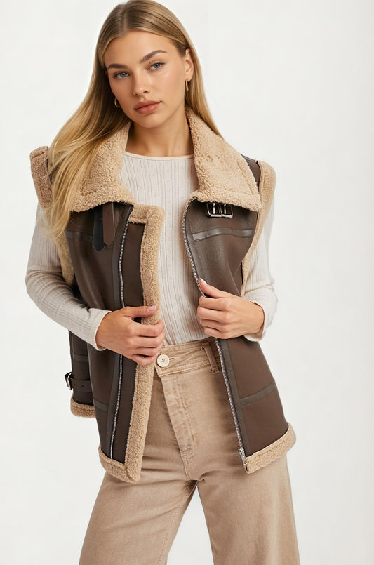 Faux Leather Shearling Vest with Zipper Front