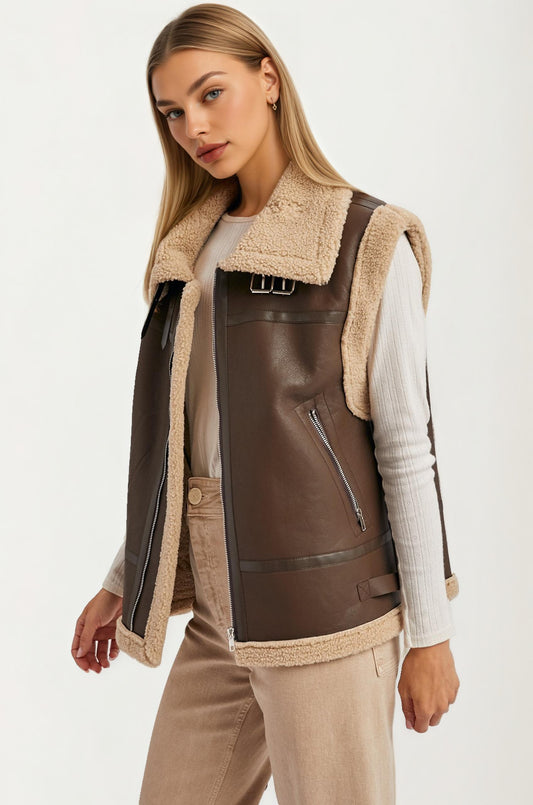 Faux Leather Shearling Vest with Zipper Front