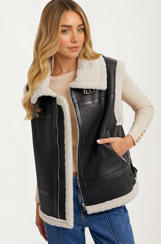 Faux Leather Shearling Vest with Zipper Front