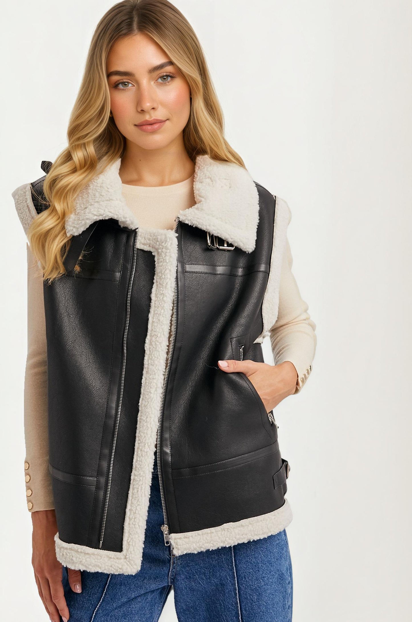 Faux Leather Shearling Vest with Zipper Front