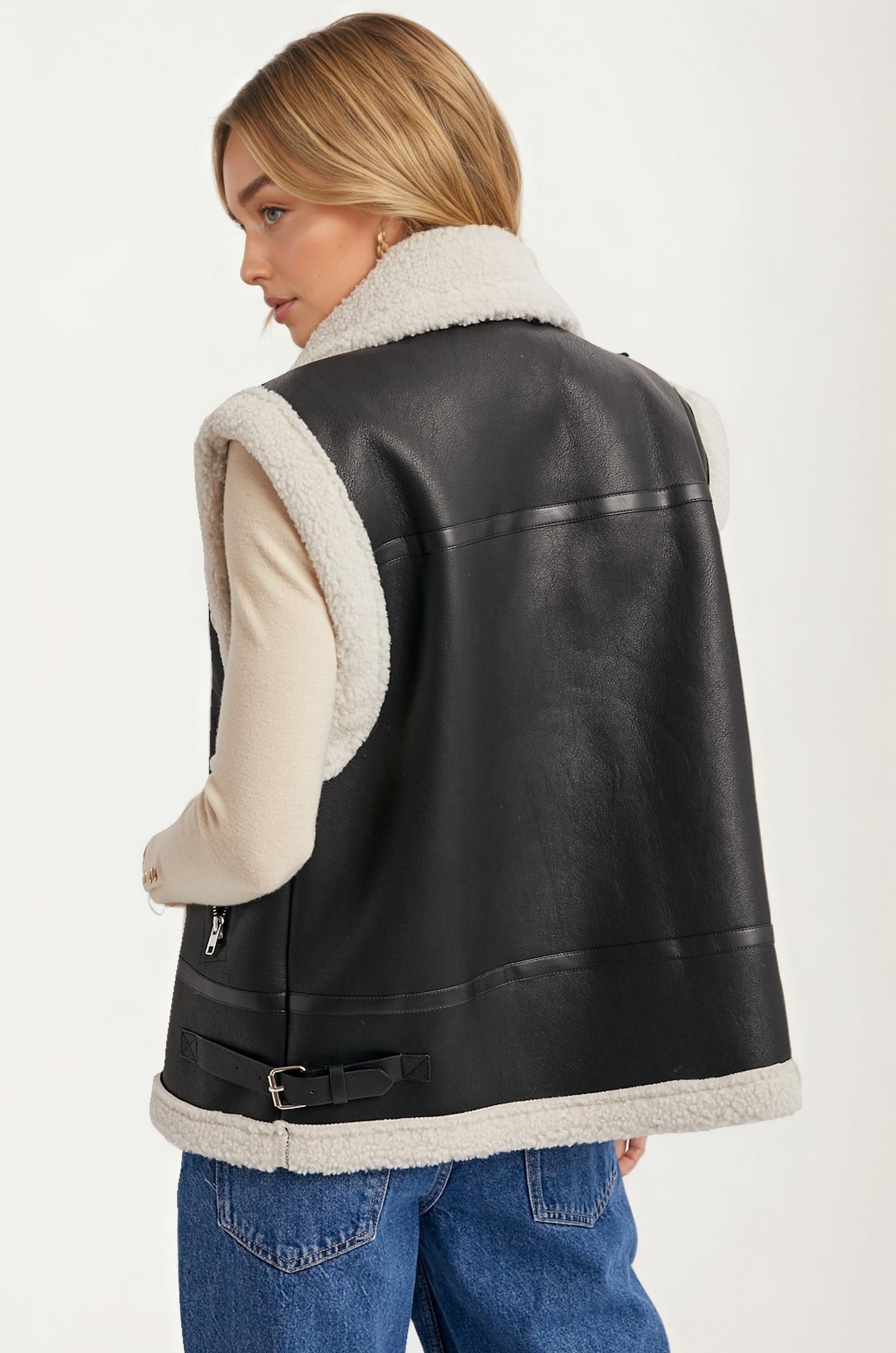Faux Leather Shearling Vest with Zipper Front