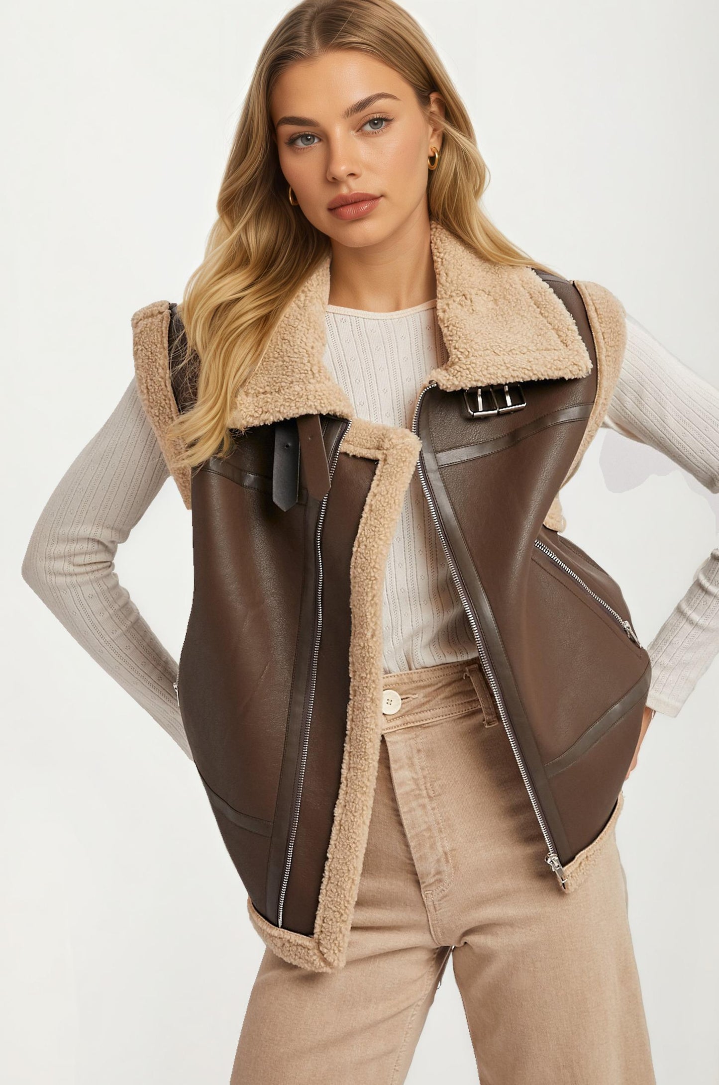 Faux Leather Shearling Vest with Zipper Front
