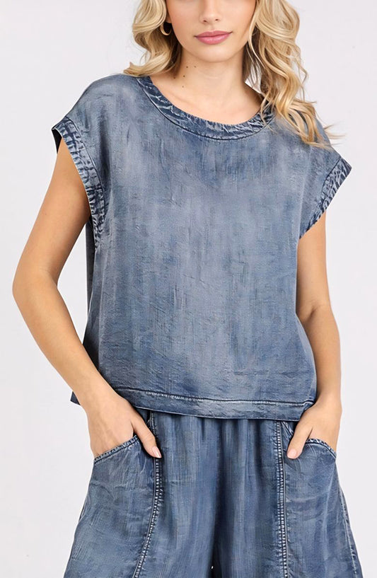Washed Cap Sleeve Top with Back Button Detail and Relaxed Fit Silhouette