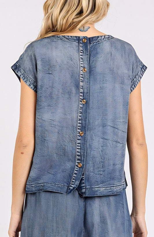 Washed Cap Sleeve Top with Back Button Detail and Relaxed Fit Silhouette