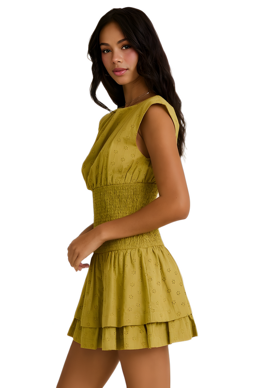 Smocked Waist Mini Dress with Ruffled Hem in Yellow
