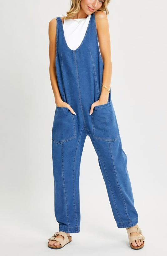 Relaxed Fit Sleeveless Denim Overalls with Front Patch Pockets and Wide Leg Silhouette