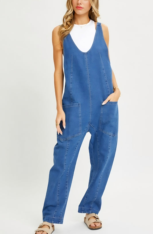 Relaxed Fit Sleeveless Denim Overalls with Front Patch Pockets and Wide Leg Silhouette