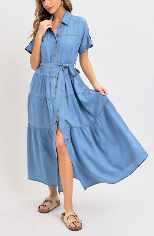 Short Sleeve Tiered Button Front Collared Midi Dress with Waist Tie and Soft Chambray Fabric