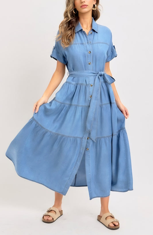 Short Sleeve Tiered Button Front Collared Midi Dress with Waist Tie and Soft Chambray Fabric