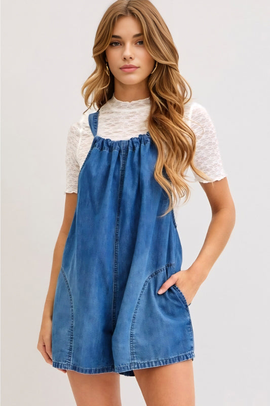 Denim Drawstring Front Pocket Overall Romper with Adjustable Straps