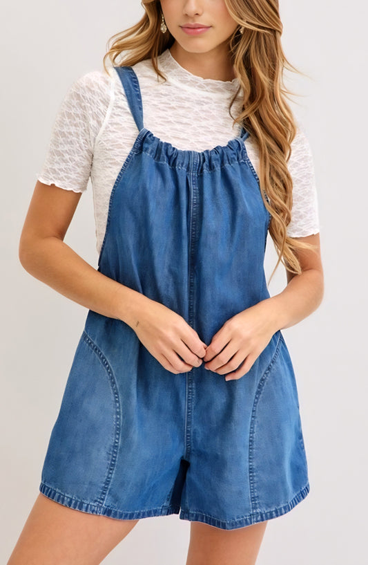Denim Drawstring Front Pocket Overall Romper with Adjustable Straps