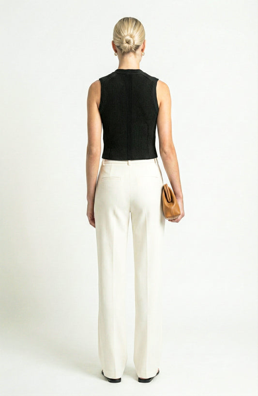 Sleeveless Ribbed Knit Vest with Button Front and Round Neck