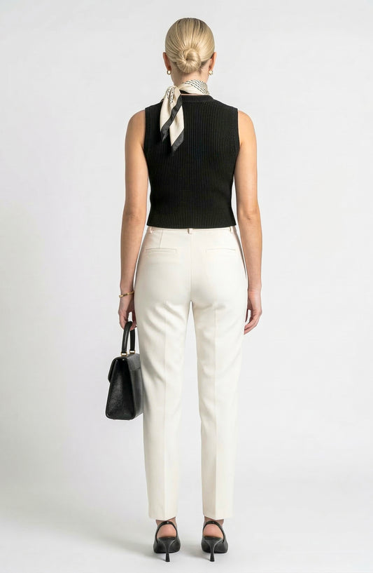 Sleeveless Ribbed Knit Vest with Button Front and Round Neck