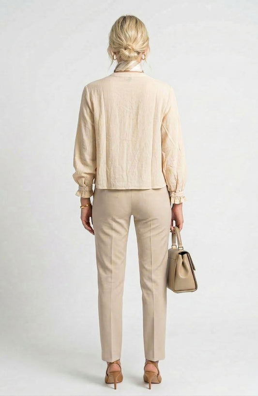 Long Sleeve Blouse with Split Neck and Embroidered Panels