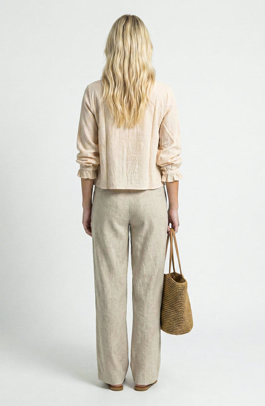 Long Sleeve Blouse with Split Neck and Embroidered Panels