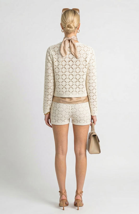 Two Piece Crochet Knit Set with Button Front Cardigan and Shorts