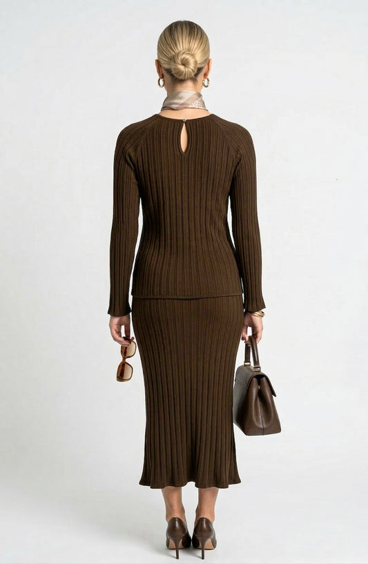 Long Sleeve Ribbed Knit Top and Midi Skirt Set