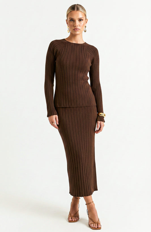 Long Sleeve Ribbed Knit Top and Midi Skirt Set