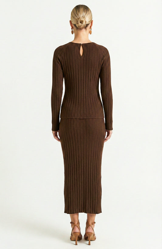 Long Sleeve Ribbed Knit Top and Midi Skirt Set