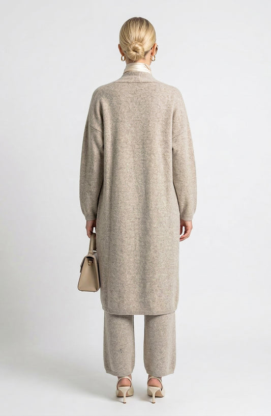 Three Piece Ribbed Knit Set with Long Cardigan, Cropped Top and Wide Leg Pants