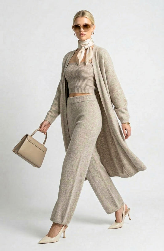 Three Piece Ribbed Knit Set with Long Cardigan, Cropped Top and Wide Leg Pants