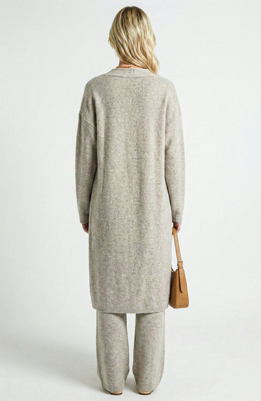 Three Piece Ribbed Knit Set with Long Cardigan, Cropped Top and Wide Leg Pants