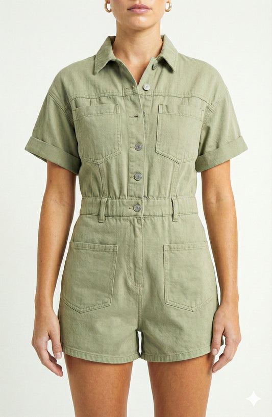 Short Sleeve Utility Romper with Button Front and Patch Pockets