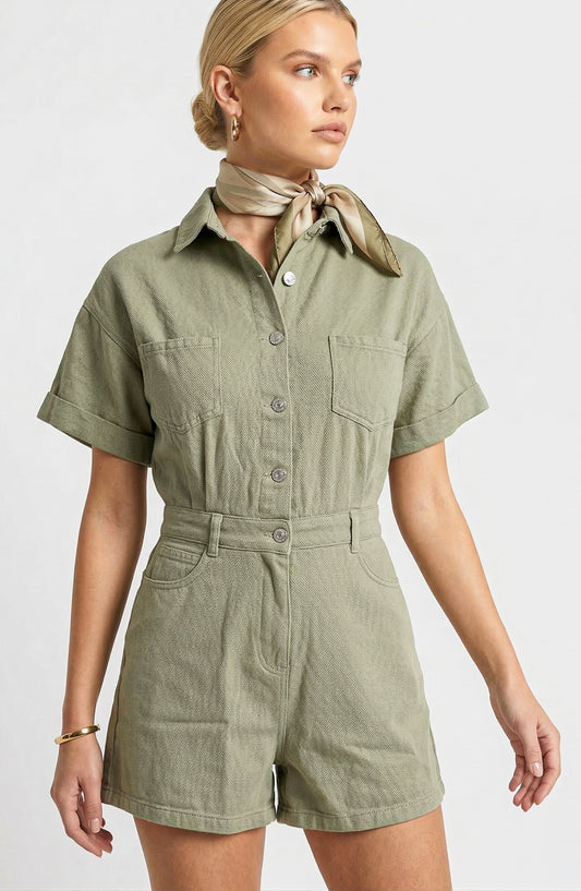 Short Sleeve Utility Romper with Button Front and Patch Pockets
