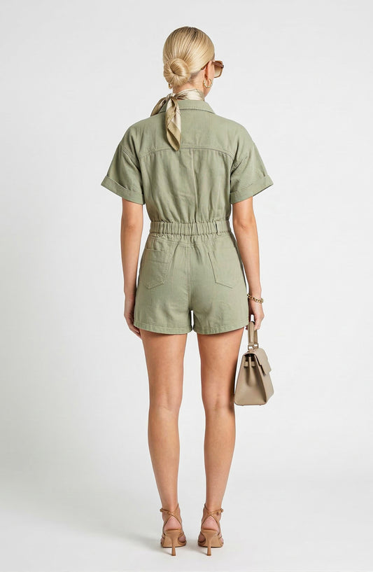 Short Sleeve Utility Romper with Button Front and Patch Pockets