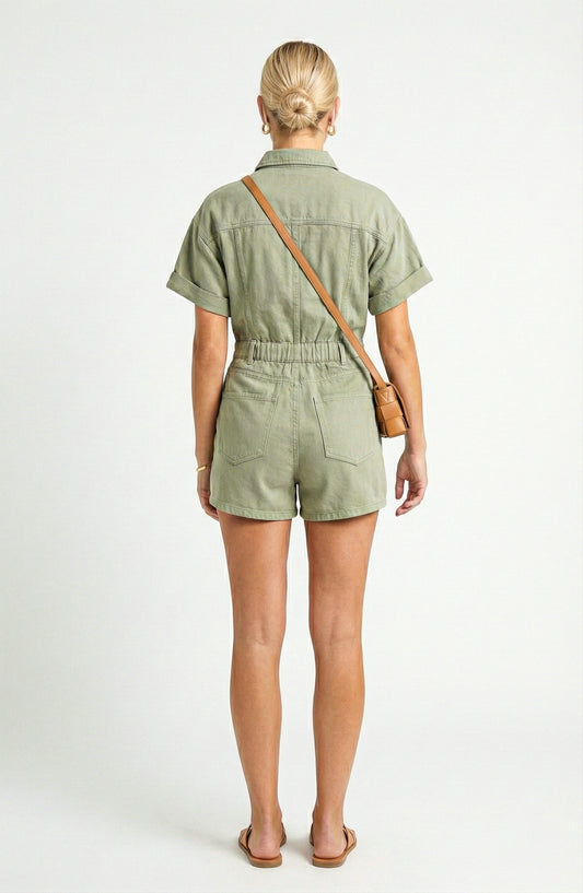 Short Sleeve Utility Romper with Button Front and Patch Pockets