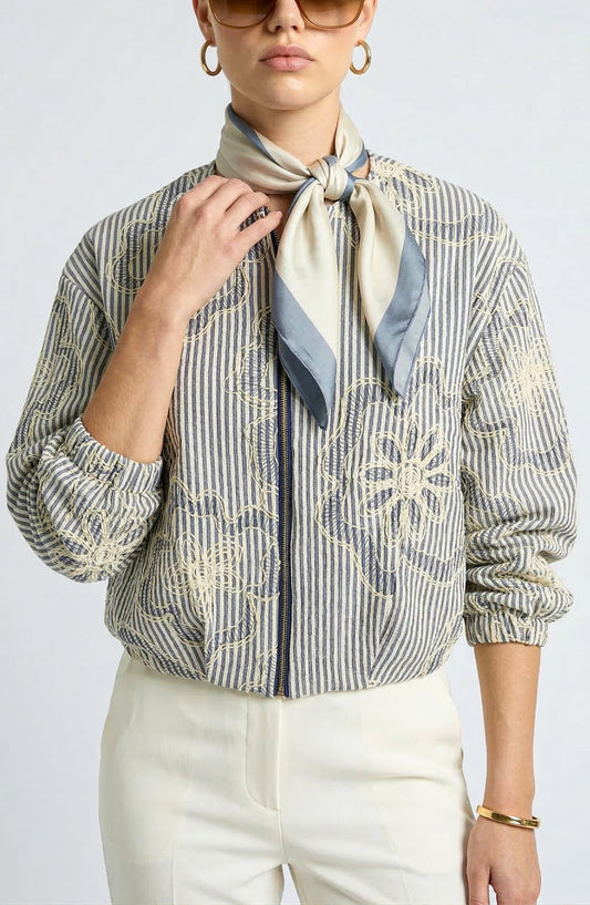 Long Sleeve Cropped Jacket with Zip Front and Embroidered Stripe Pattern