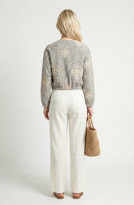 Long Sleeve Cropped Jacket with Zip Front and Embroidered Stripe Pattern