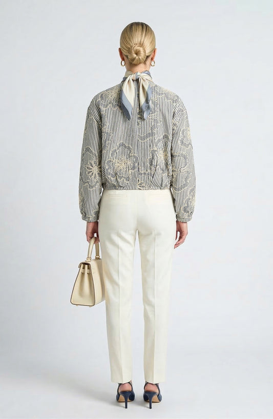 Long Sleeve Cropped Jacket with Zip Front and Embroidered Stripe Pattern