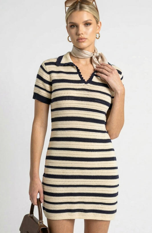 Short Sleeve Mini Sweater Dress with Collared Split Neck and Stripe Pattern