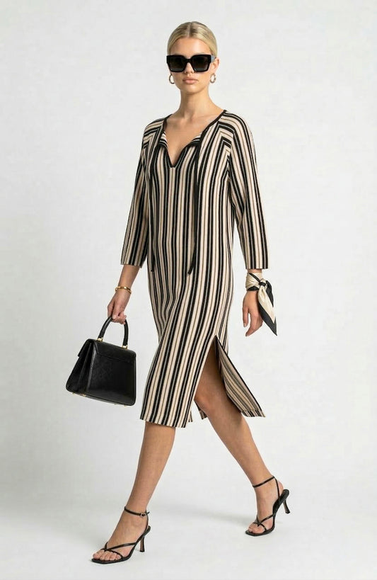 Long Sleeve Midi Sweater Dress with Split Neck and Vertical Stripe Pattern