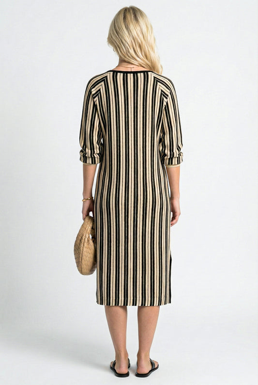 Long Sleeve Midi Sweater Dress with Split Neck and Vertical Stripe Pattern