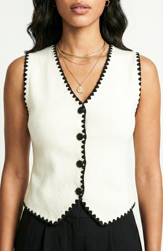 Sleeveless Sweater Vest with Button Front and Contrast Trim