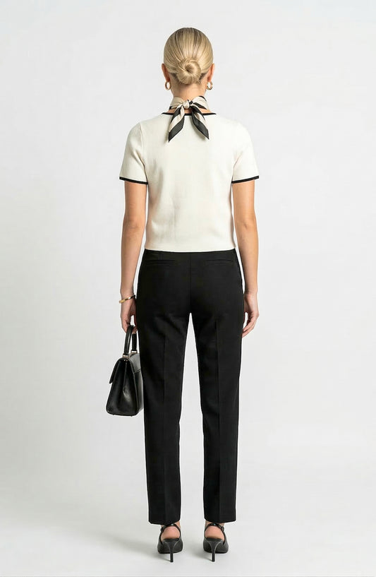 Short Sleeve Sweater Top with Button Front and Contrast Trim