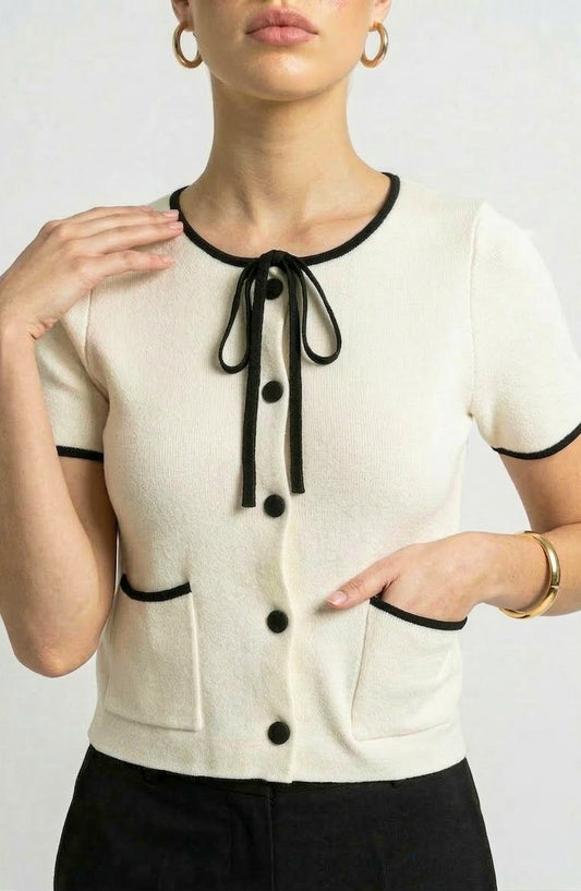 Short Sleeve Sweater Top with Button Front and Contrast Trim