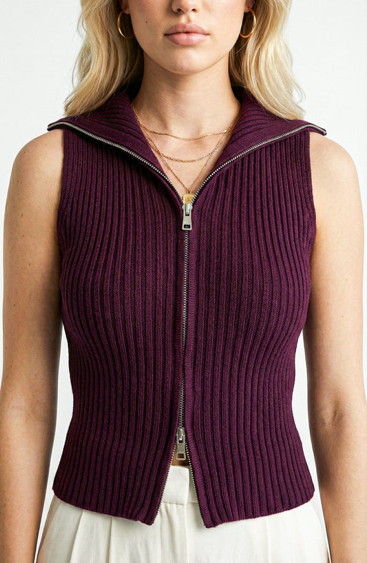 Sleeveless Sweater Vest with Zip Front and Ribbed Knit