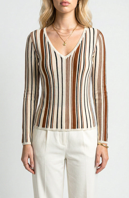 Long Sleeve Sweater Top with V Neck and Vertical Stripe Pattern