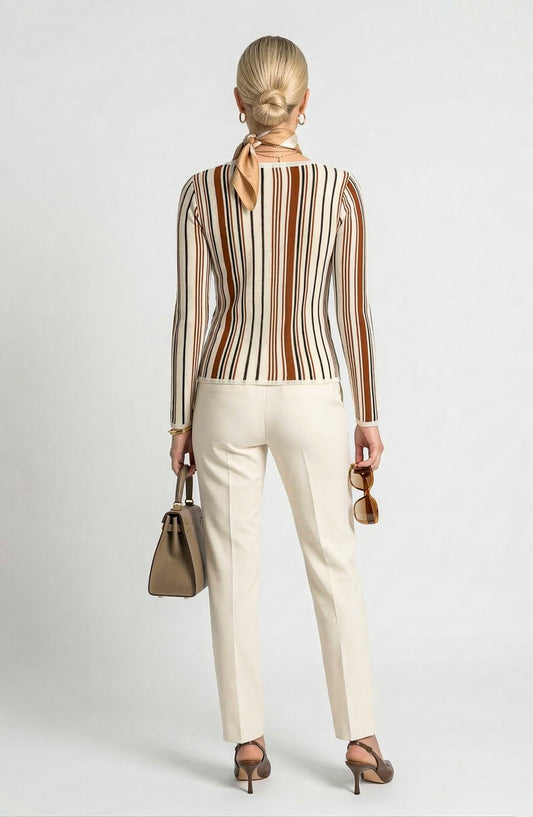 Long Sleeve Sweater Top with V Neck and Vertical Stripe Pattern