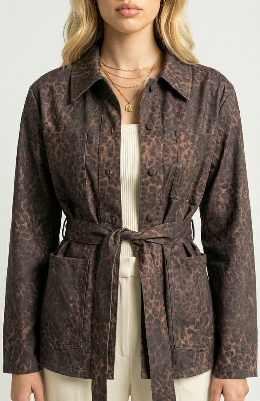 Long Sleeve Utility Jacket with Belted Waist and Patch Pockets