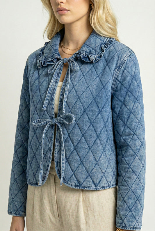 Long Sleeve Quilted Jacket with Tie Front and Ruffled Collar