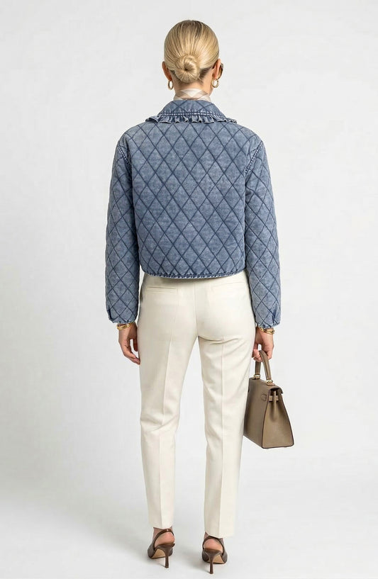 Long Sleeve Quilted Jacket with Tie Front and Ruffled Collar