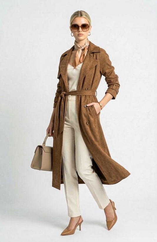 Long Sleeve Midi Trench Coat with Belted Waist and Double Breasted Front
