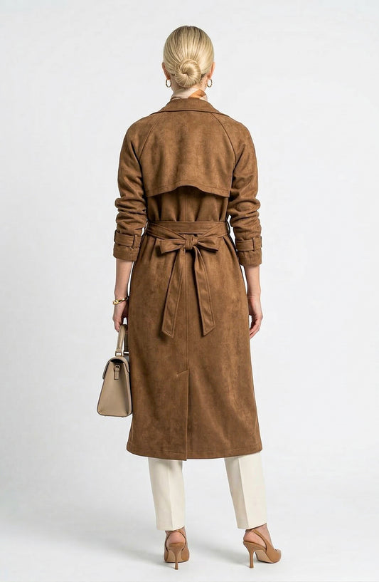 Long Sleeve Midi Trench Coat with Belted Waist and Double Breasted Front