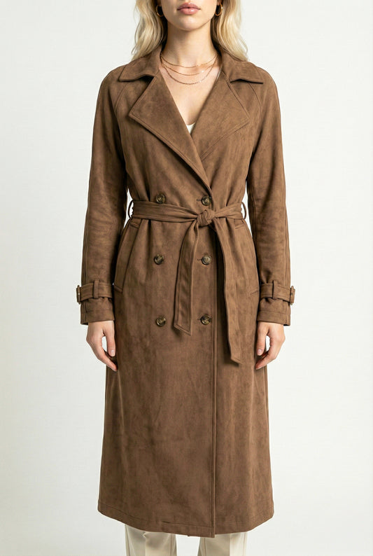 Long Sleeve Midi Trench Coat with Belted Waist and Double Breasted Front